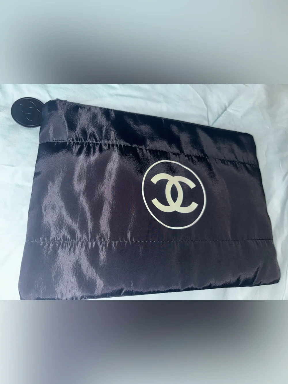 CHANEL Black Quilted Cosmetic Pouch with White Logo and Mirror Brand new